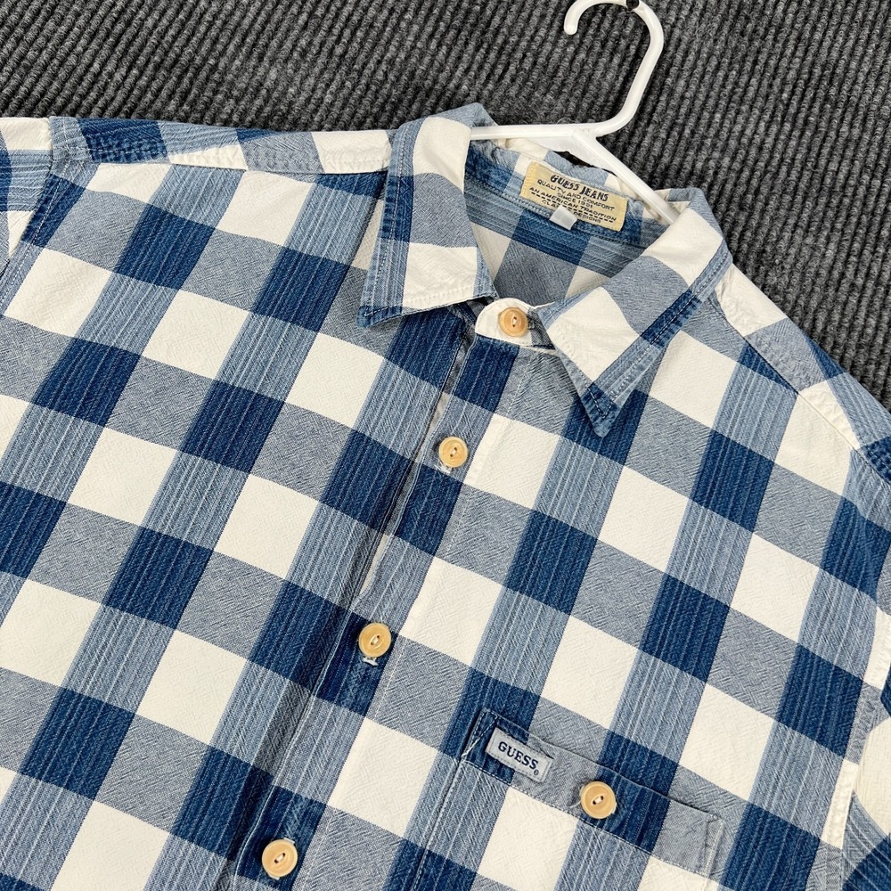 Vintage‎ Guess Jeans Shirt Mens Large Blue Denim Plaid Short Sleeve Button Up